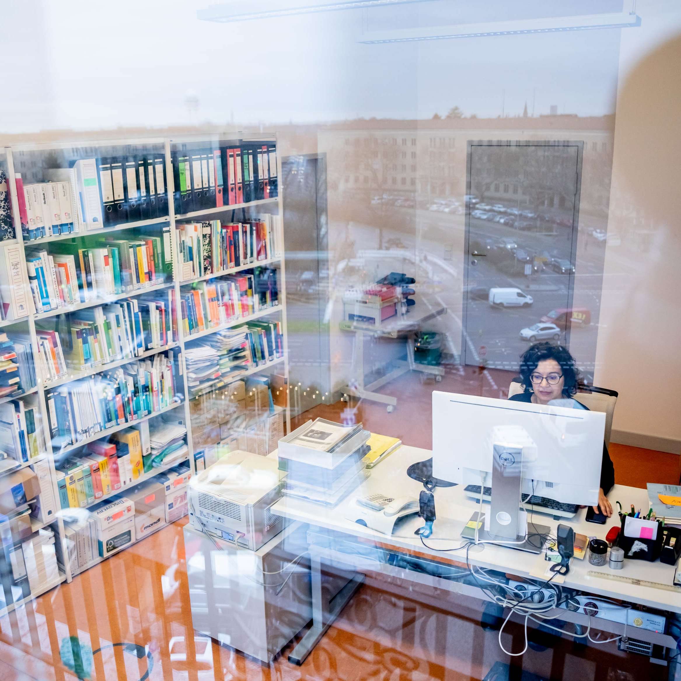 Das Foto zeigt den Blick in ein Büro des DZA. Durch das leicht spiegelnde Fenster ist eine Mitarbeiterin an ihrem PC zu sehen sowie ein gut gefülltes Bücherregal.
